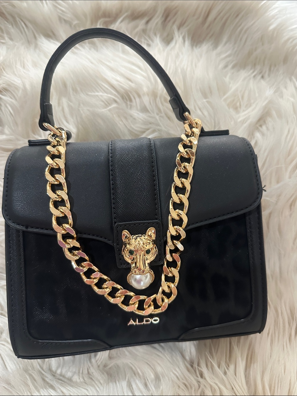 Aldo Black Satchel with Gold Chain and Feline Accent